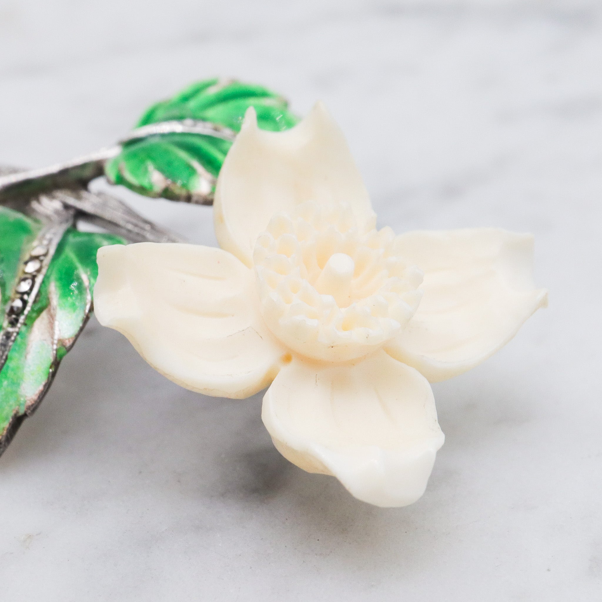 Antique German Art Deco sterling silver dogwood brooch with enamel & marcasite